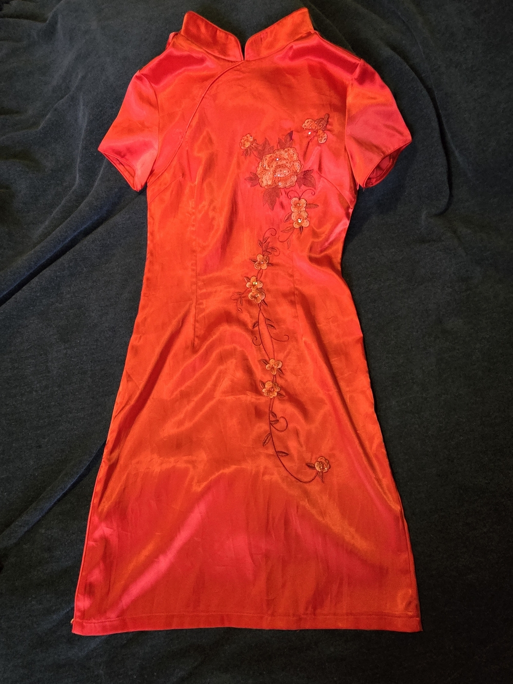 Yifa Jiamei Red Satin Mandarin Collar Cheongsam Dress Size 11 Floral Embroidered